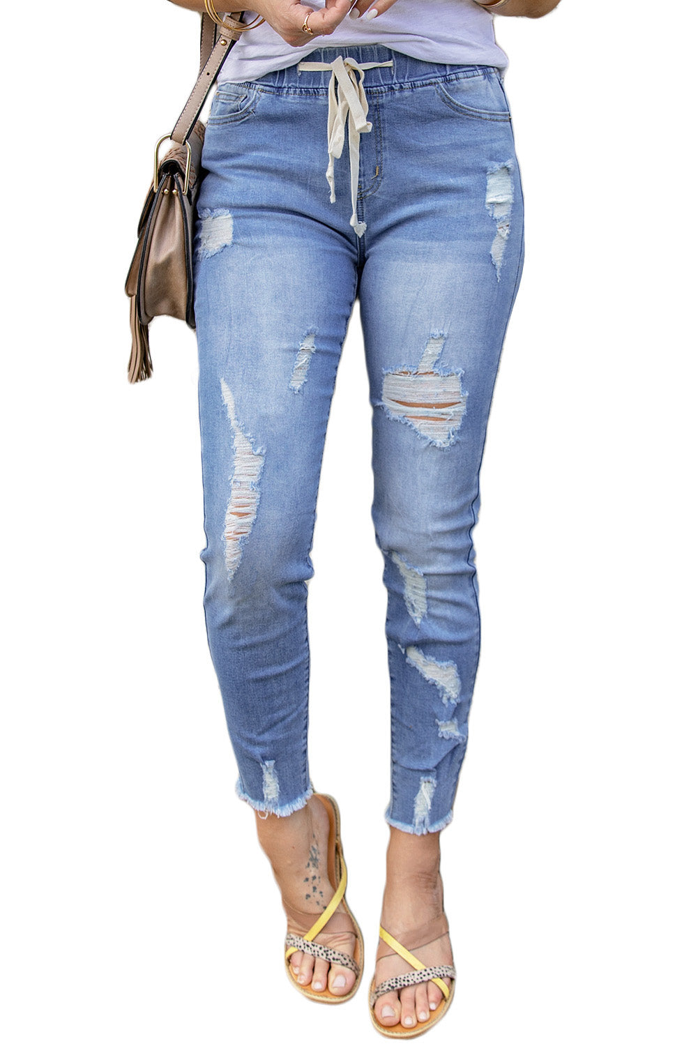 Light Blue Drawstring Elastic Waist Jeans With Hole