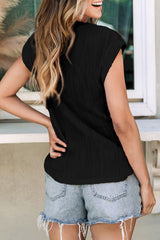 Black Solid Color Wavy Textured Cap Sleeve Top