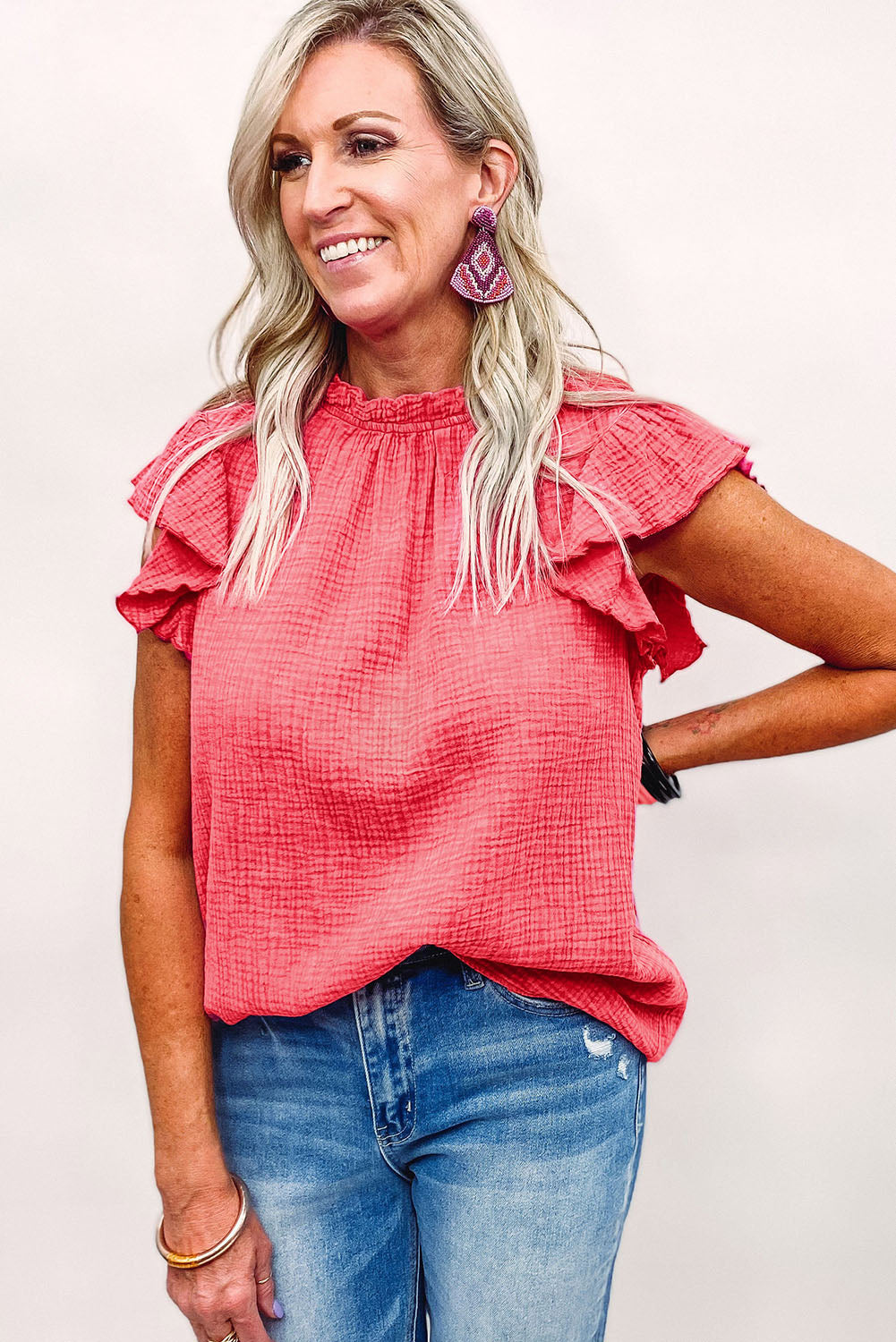 Rosy Crinkled Ruffle Casual Short Sleeve Blouse