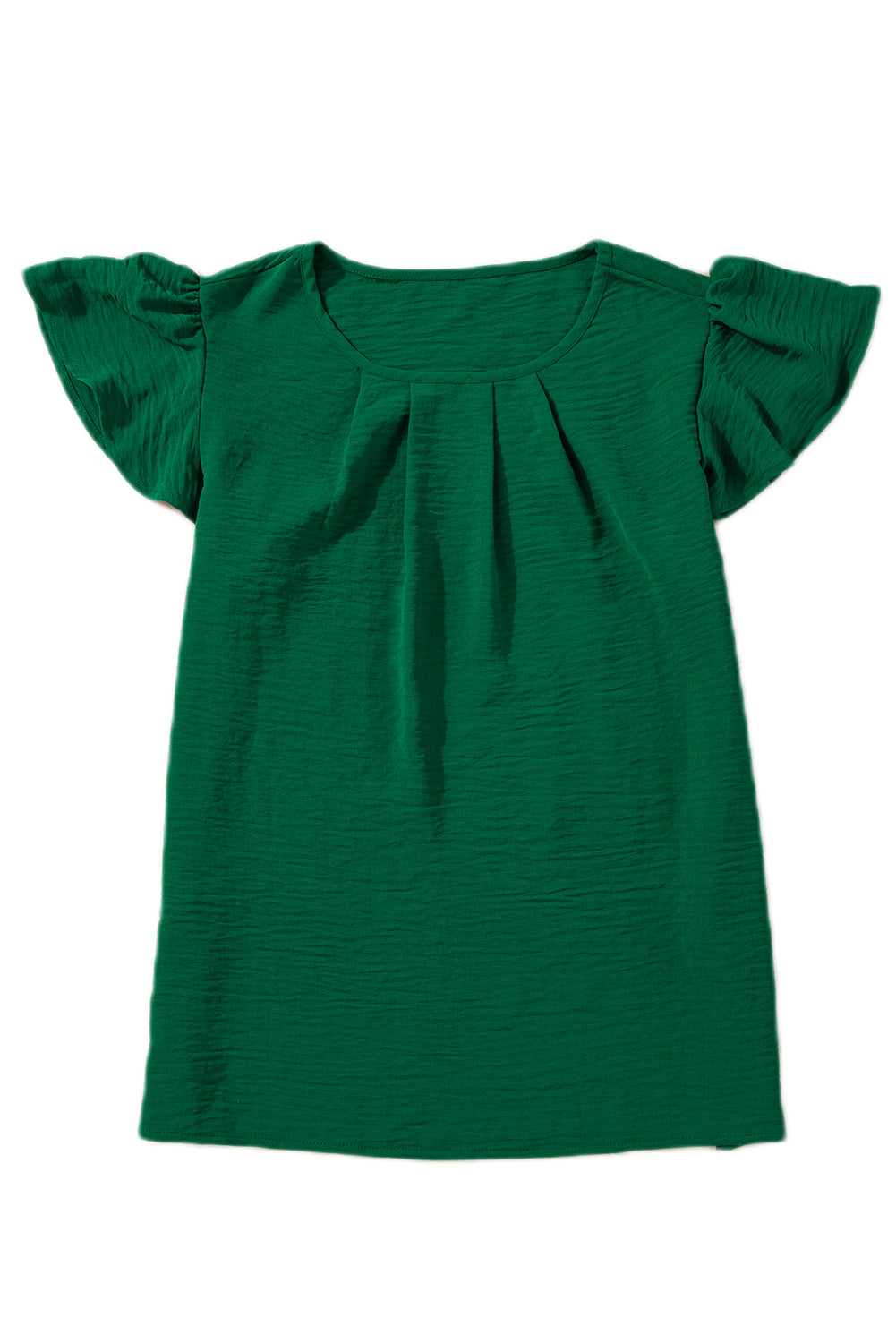 Dark Green Plain Textured Pleated Ruffle Sleeve Blouse