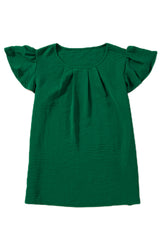 Dark Green Plain Textured Pleated Ruffle Sleeve Blouse