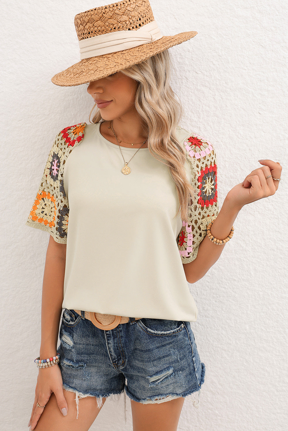 Parchment Hollowed Floral Crochet Sleeve Boho T Shirt