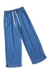 Sky Blue Drawstring Waist Loose Wide Leg Pants