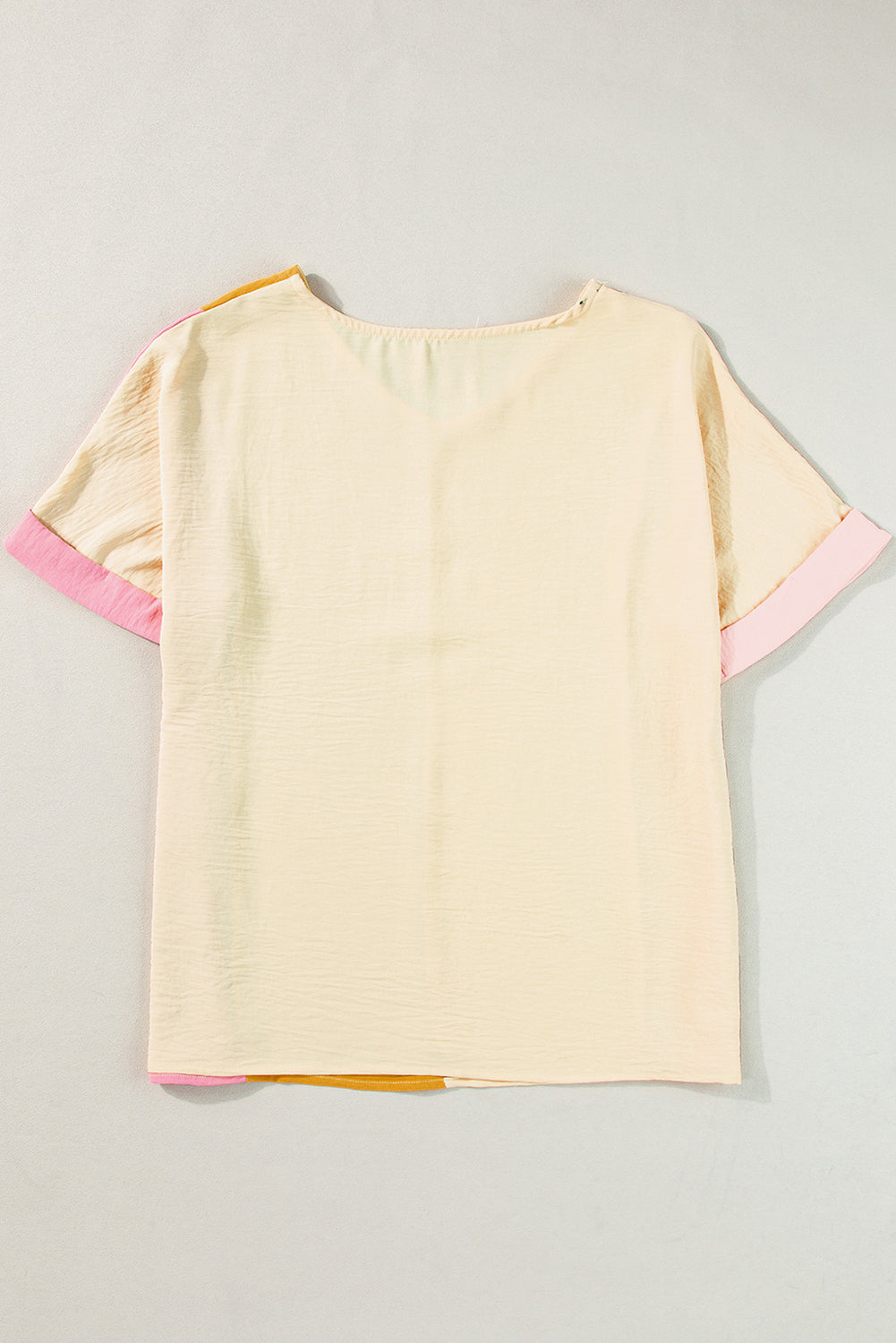 Apricot Colorblock Patchwork V-Neck Crinkled Blouse