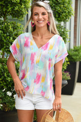 Multicolor Abstract Print V Neck Short Sleeve Dolman Blouse