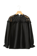 Black Leopard Sheer Splicing Lace Neck Ruffle Blouse