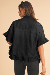 Black Raw Edge Ruffle Short Sleeve Denim Jacket