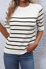 White Stripe Button Decor Half Sleeve Knitted Tee