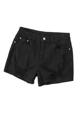 Black Solid Color Distressed Denim Shorts