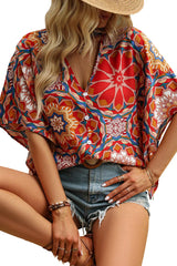 Red Floral Print V Neck Button Decor Batwing Blouse