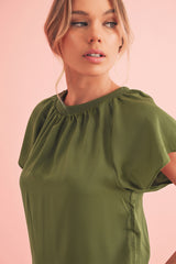 Jungle Green Pleated Flutter Sleeve Satin Blouse