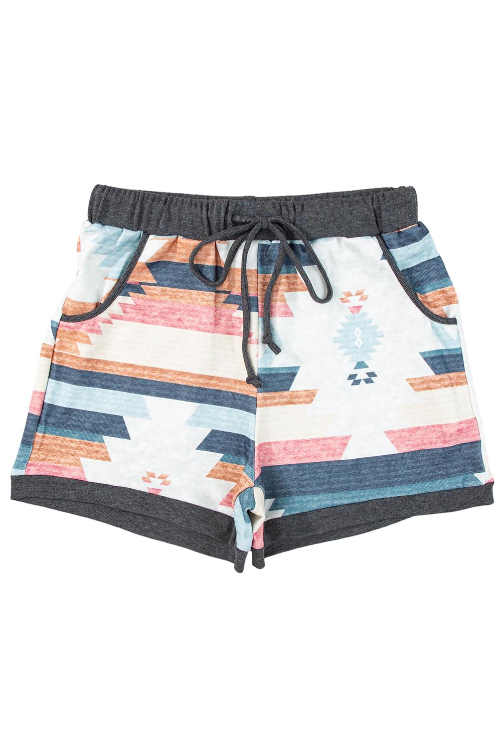 White Casual Geometric Print Drawstring Waist Shorts