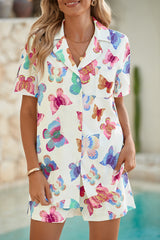 Multicolour Butterfly Print Button-up Shirt & Shorts Pajama Set