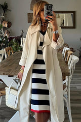 Stripe Casual V Neck Cap Sleeve Midi Dress