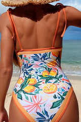 Orange Fruit Plant Print Tie Straps V Neck One Piece Swimsuit