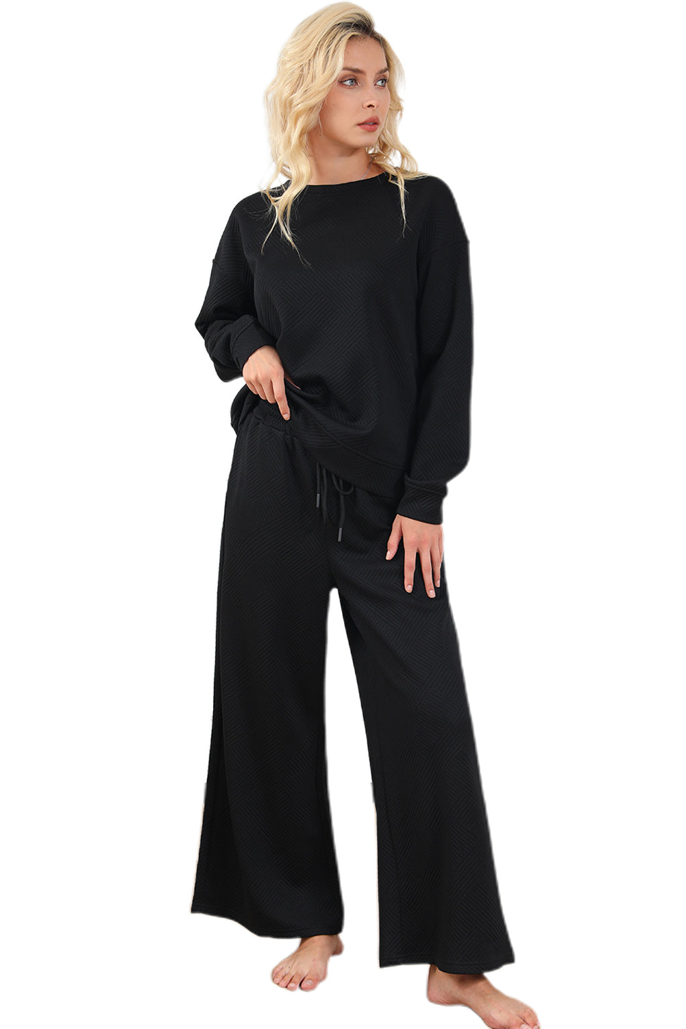 Black Textured Loose Slouchy Long Sleeve Top and Pants Set