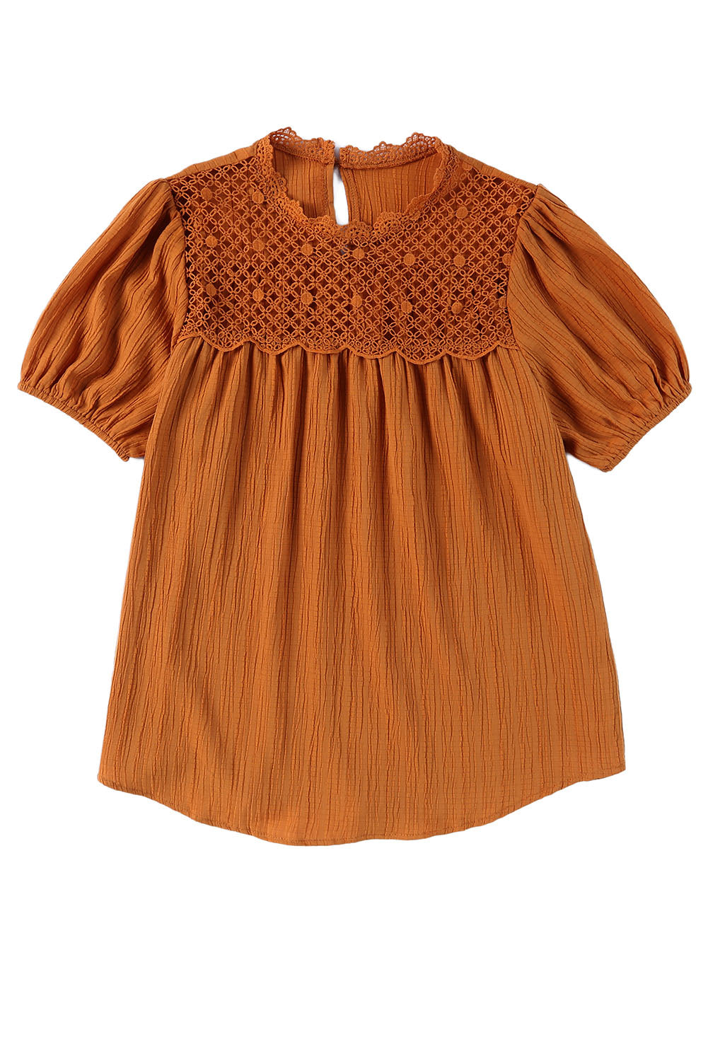 Orange Textured Lace Crochet Casual Keyhole Puff Sleeve Blouse