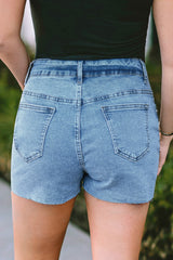 Sky Blue Casual Studded Denim Raw Hem Shorts