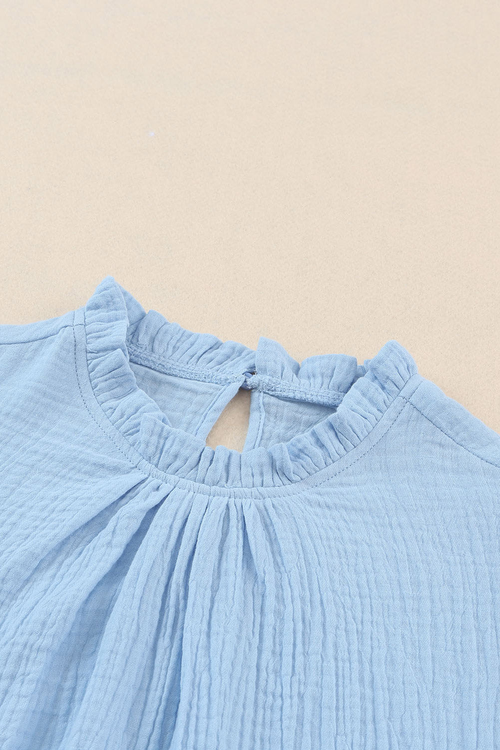 Light Blue Crinkled Ruffle Casual Short Sleeve Blouse