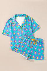 Green Flower Print Buttoned Shirt and Drawstring Waist Pajama Set