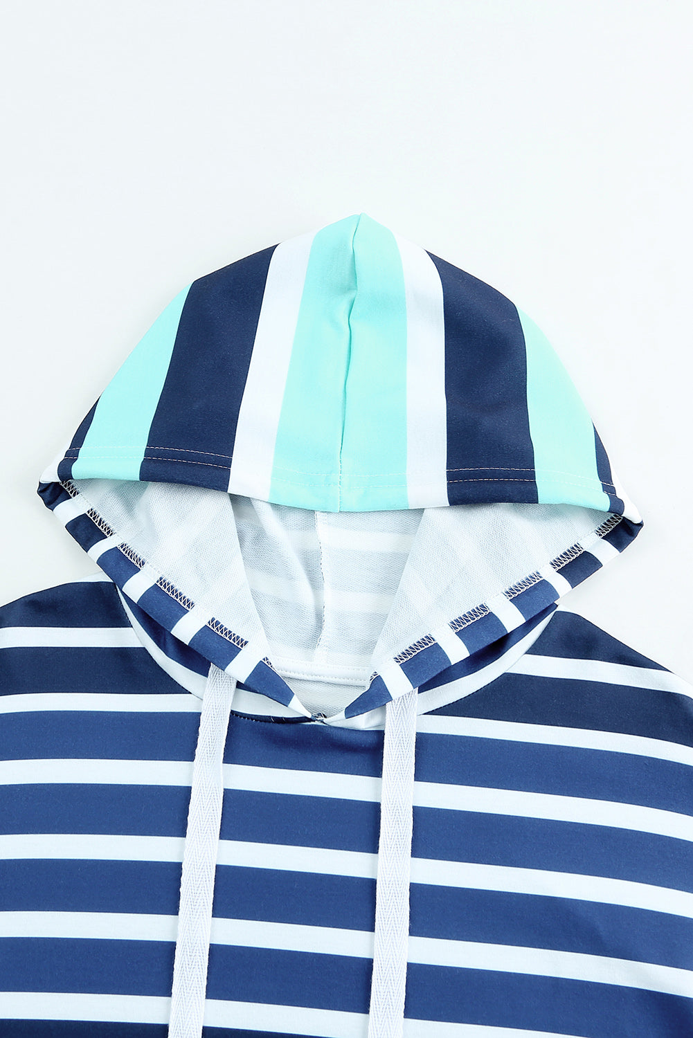Blue Striped Color Block Drawstring Long Sleeve Hoodie