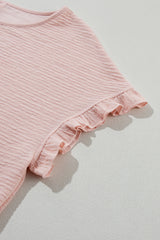 Light Pink Solid Textured Frill Cuffs Short Sleeve Blouse