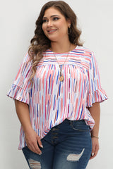 White Stripe Ruffled Short Sleeve Plus Size Blouse