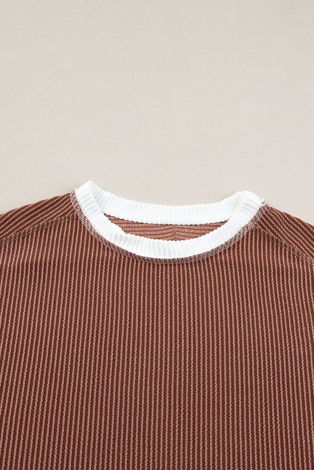 Coffee Ribbed Colorblock Round Neck T Shirt