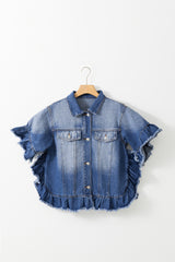 Peacock Blue Raw Edge Bell Short Sleeve Denim Jacket