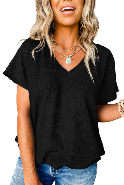 Black Solid Color Crinkled V Neck T Shirt