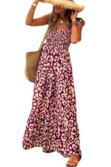 Rose Leopard Ruffle Straps Smocked High Waist Maxi Dress