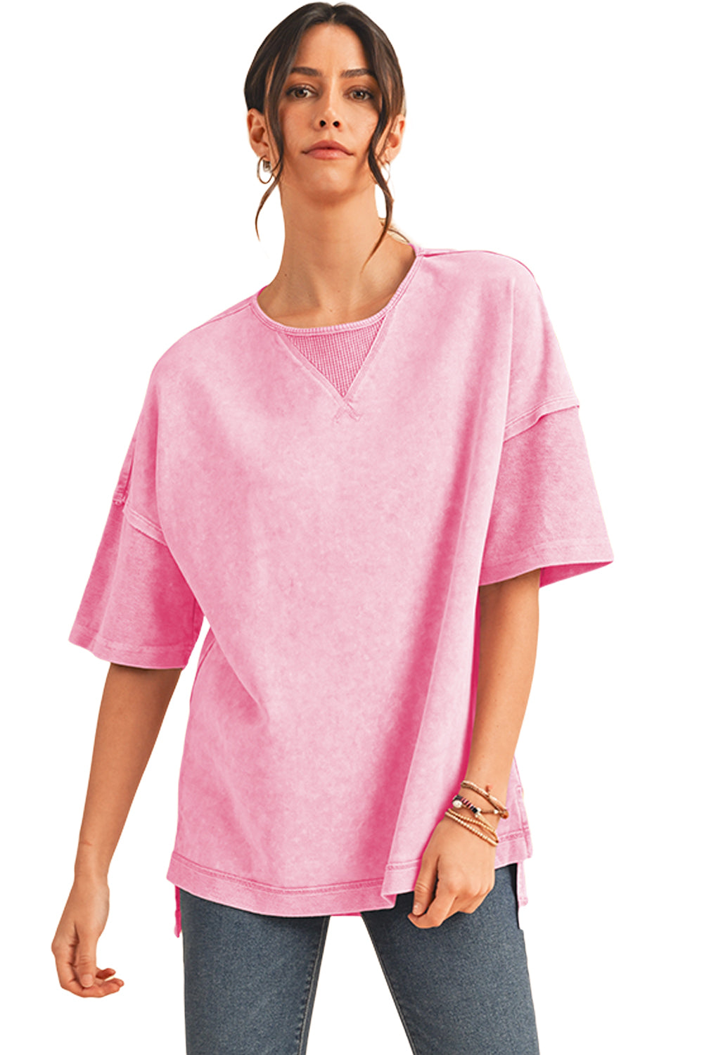 Strawberry Pink Mineral Wash Exposed Seam Drop Shoulder Oversized Tee