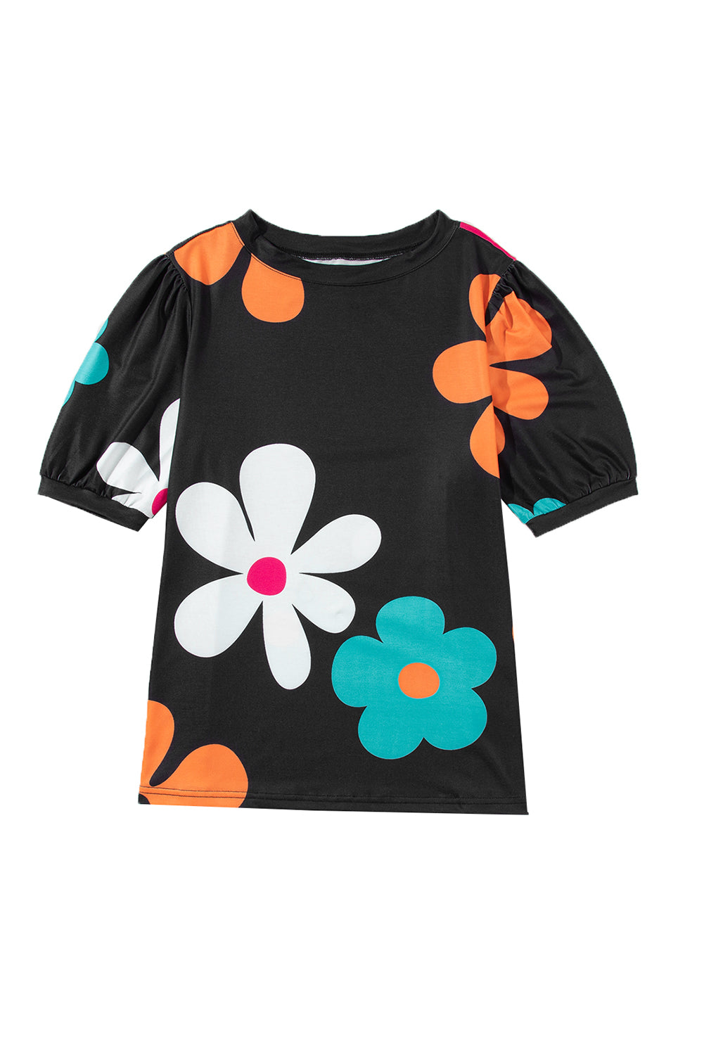 Black Colorful Flower Print Bubble Sleeve Tee