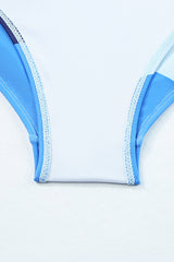 Sky Blue Color Block Drawstring Sides One Piece Swimsuit