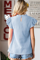 Light Blue Crinkled Ruffle Casual Short Sleeve Blouse