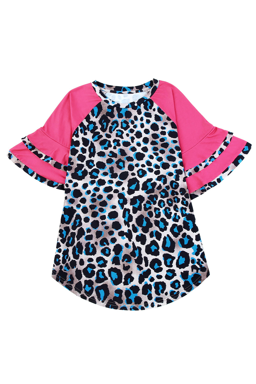 Rose Leopard Print Layered Ruffle Sleeves Tunic T Shirt