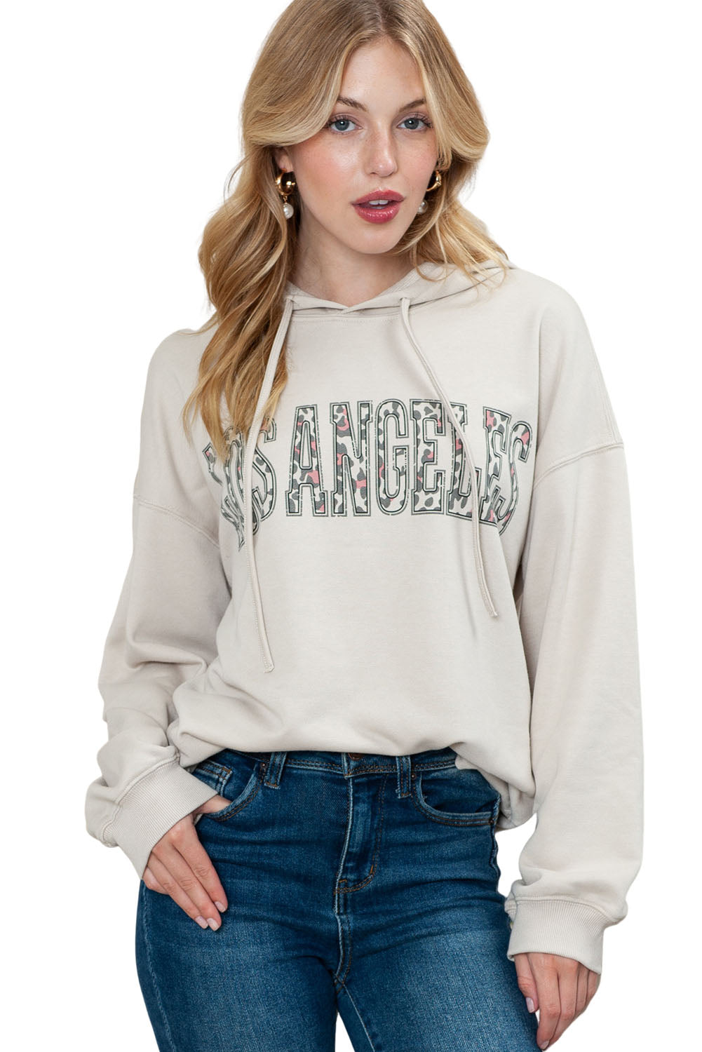Khaki Drop Shoulder Los Angeles Hooded Sweatshirt with Drawstring