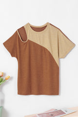 Brown Cold Shoulder Colorblock Splicing T Shirt