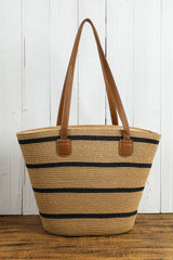 Black Vacation Straw Woven Striped One Shoulder Bag