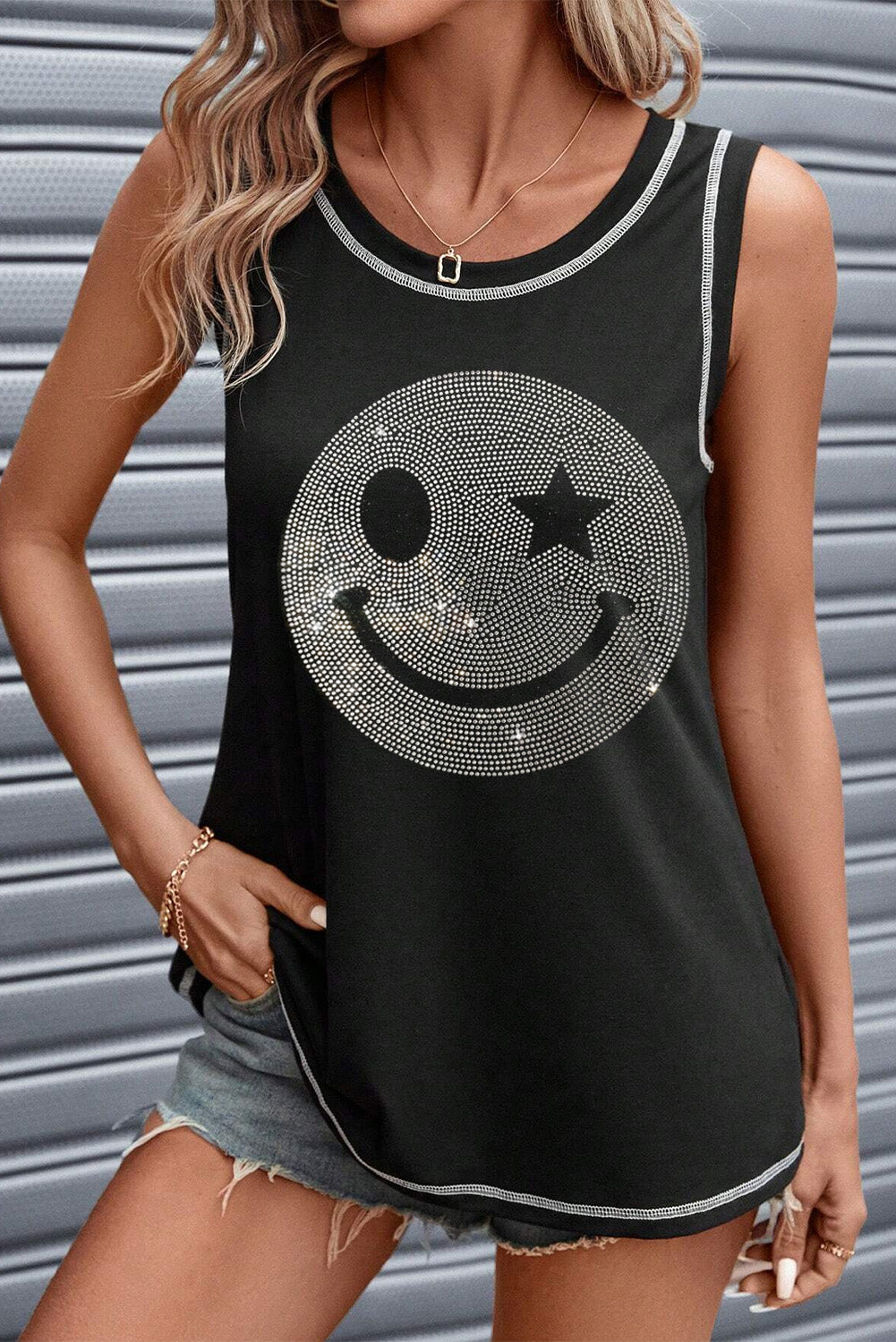 Black Rhinestone Smile Face Graphic Exposed Seam Tank Top