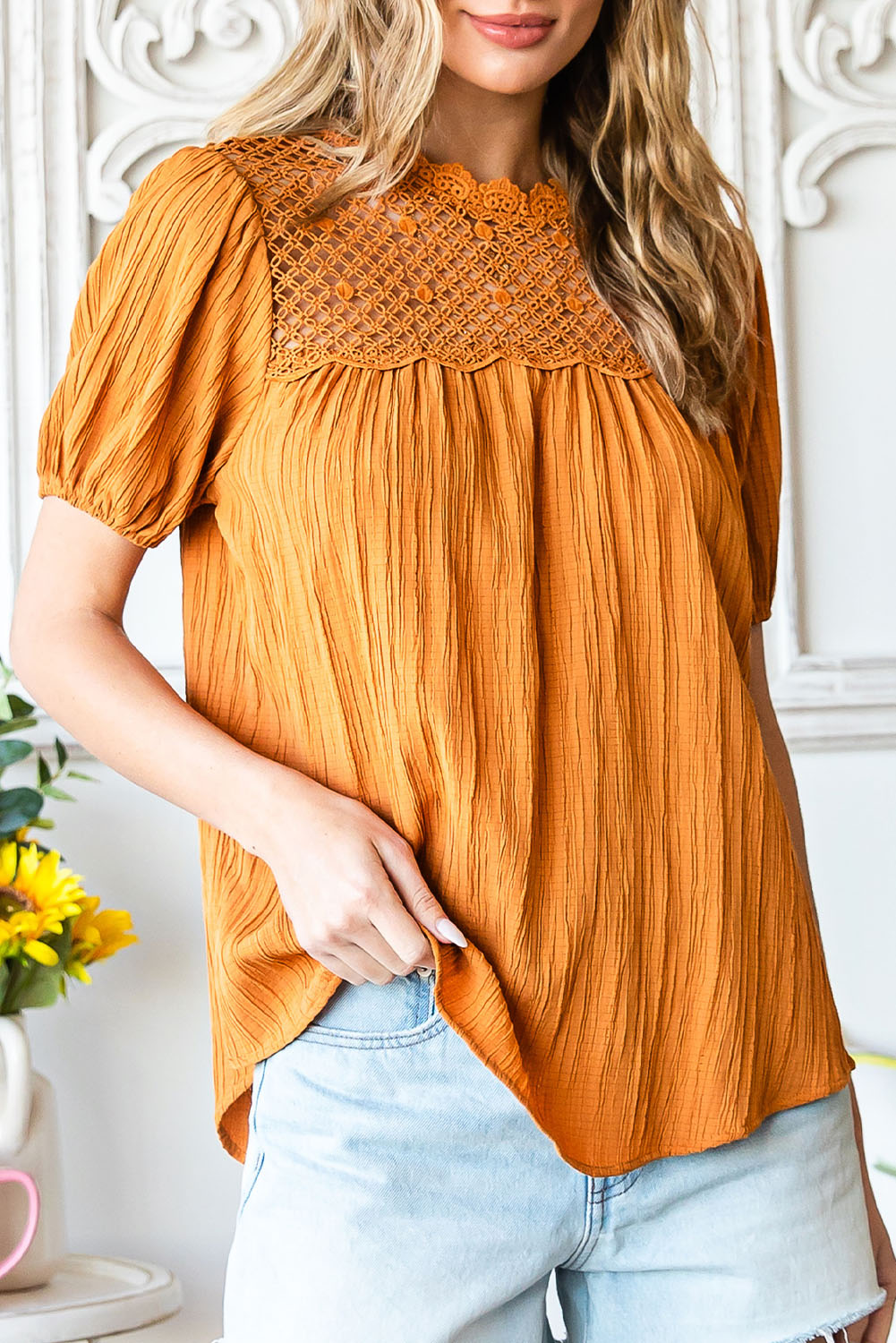 Orange Textured Lace Crochet Casual Keyhole Puff Sleeve Blouse