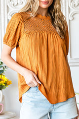 Orange Textured Lace Crochet Casual Keyhole Puff Sleeve Blouse