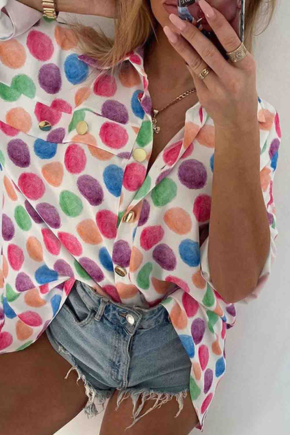 Multicolor Polka Dot Buttoned Long Sleeve Blouse