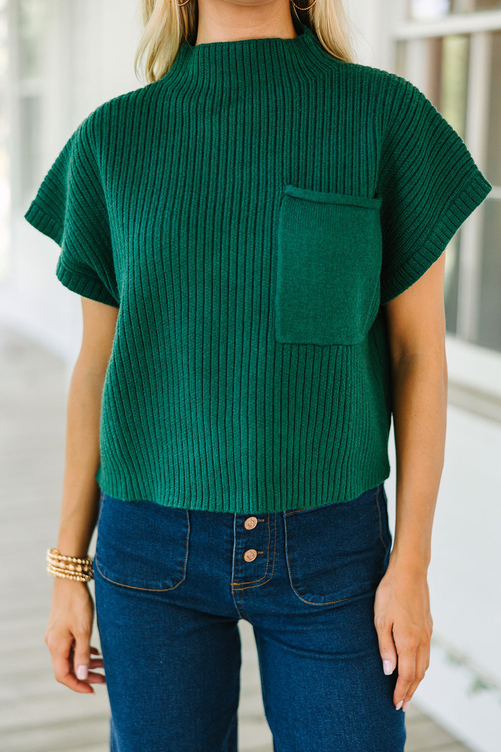 Wholesale Green Patch Pocket Ribbed Knit Short Sleeve Sweater