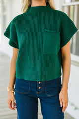 Wholesale Green Patch Pocket Ribbed Knit Short Sleeve Sweater