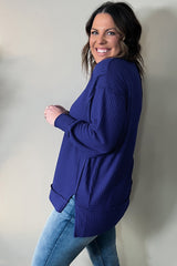 Dark Blue Waffle Knit Exposed Seam Patchwork Plus Size Top