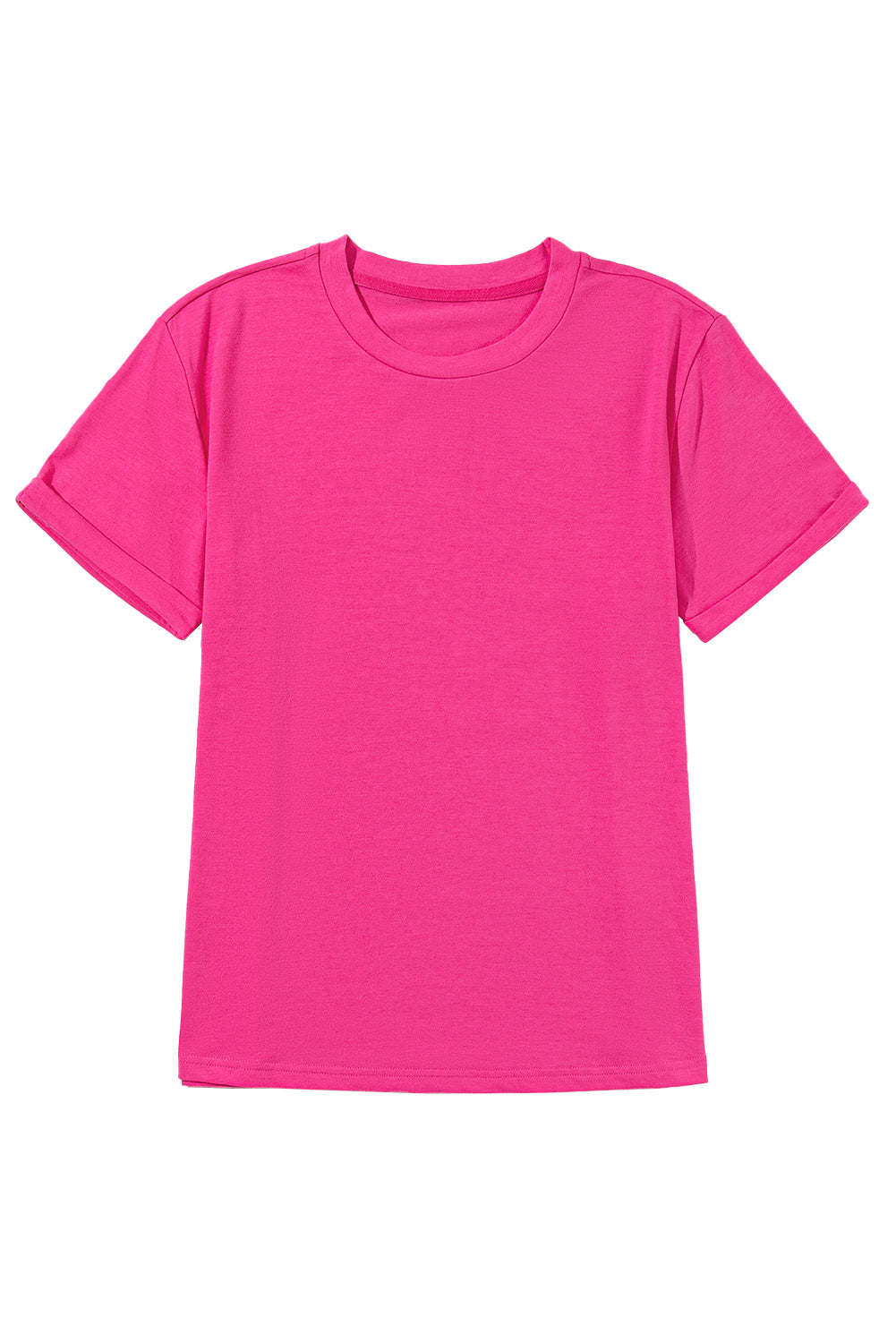 Rose Red Solid Color Crew Neck Roll Up Sleeve Tee