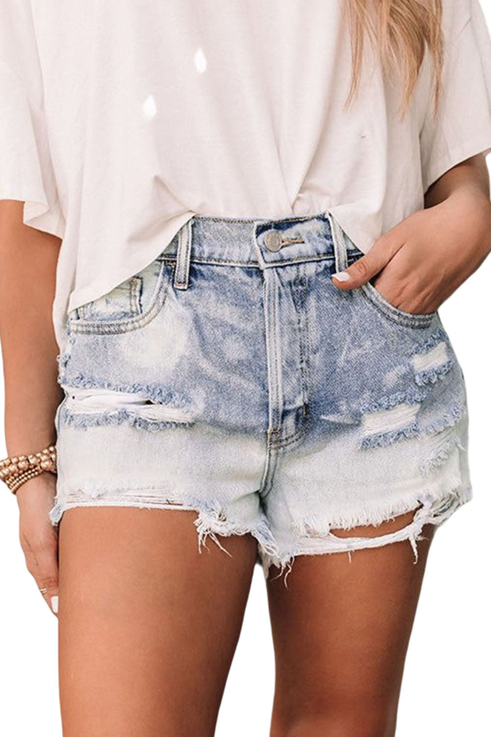 Light Blue Bleached Wash Distressed Denim Shorts