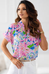 Pink Abstract Floral Print Split V Neck Short Sleeve Blouse