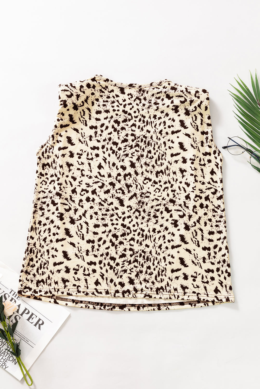 Beige Leopard Print Crewneck Sleeveless Top